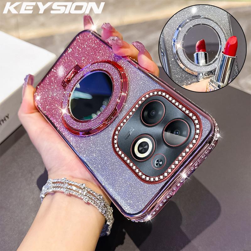 KEYSION Luxury Glitter Jewelled Magnetic Phone Case for TECNO Spark Go 2023 20 20C Pop 8 Makeup Mirror Stand Shockproof Cover