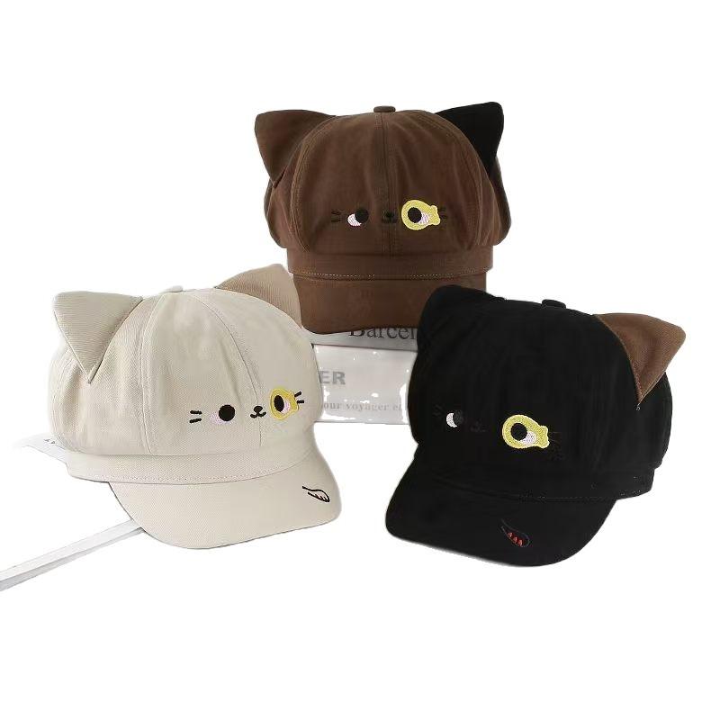 Cute Cartoon Cat Ears Embroidered Octagonal Hat Female Spring and Autumn Sweet Casual Versatile Photo Shade Beret