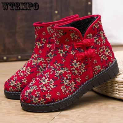 Sapatos de algodão femininos de inverno, além de veludo quente, antiderrapante, resistente ao desgaste, botas de neve étnicas, botas de algodão tradicionais