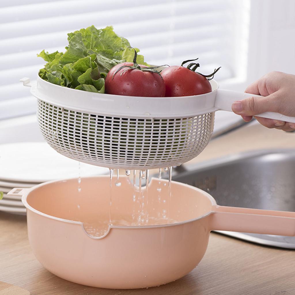 Spacious Double Layer Drainer Basket with Handle Fruit Vegetable Washing Bowl for Home and Picnics