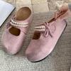 Fashion Flat Shoes Women Fashion Round Head Shallow Mouth Suede Beaded Butterfly Knot Soft Sole Anti-slip Wear Slippers