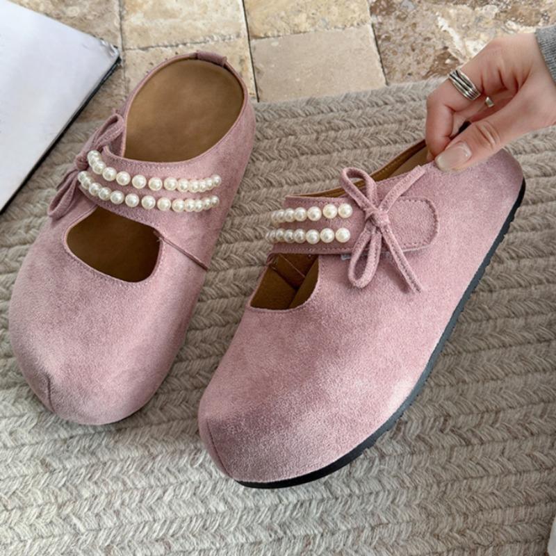 Fashion Flat Shoes Women Fashion Round Head Shallow Mouth Suede Beaded Butterfly Knot Soft Sole Anti-slip Wear Slippers