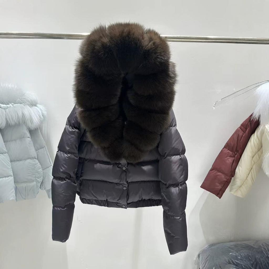 European winter new fox big fur collar hooded short down jacket women's white duck down fashion thickened coat