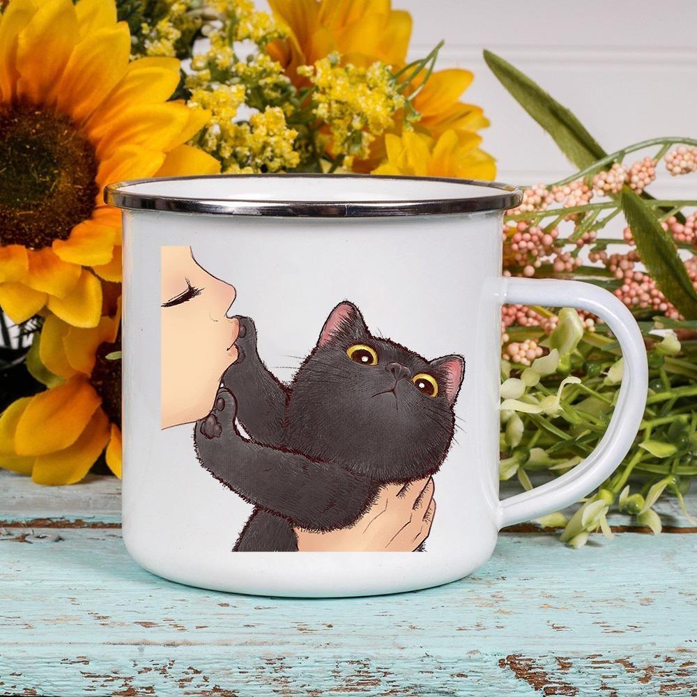 Dessin animé chat impression émail café thé tasses mignon Animal petit déjeuner Dessert lait eau tasses amour chat maison Drinkware meilleur ami cadeaux