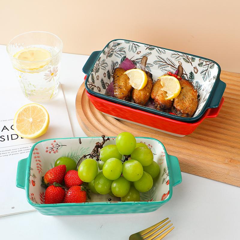 Ceramic Double Ear Baking Plate Restaurant Home Cute Cartoon Bakeware Animals Rice Vegetable Rectangular Dish Kitchen Tableware