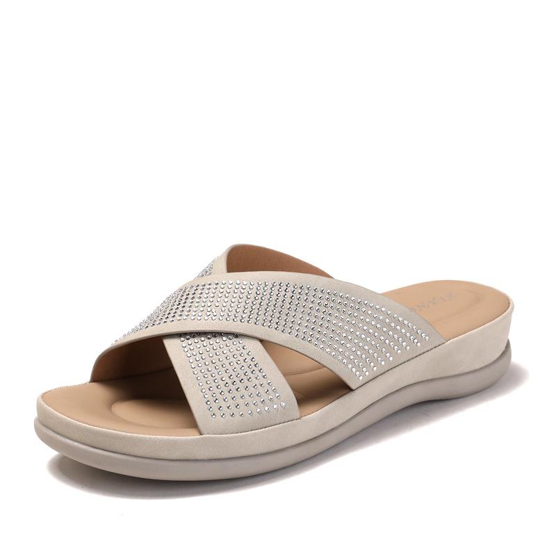 

Тапочки женские летние каблук с открытым носком модные римские сандалии со стразами дорожная пляжная обувь 42 бежевый