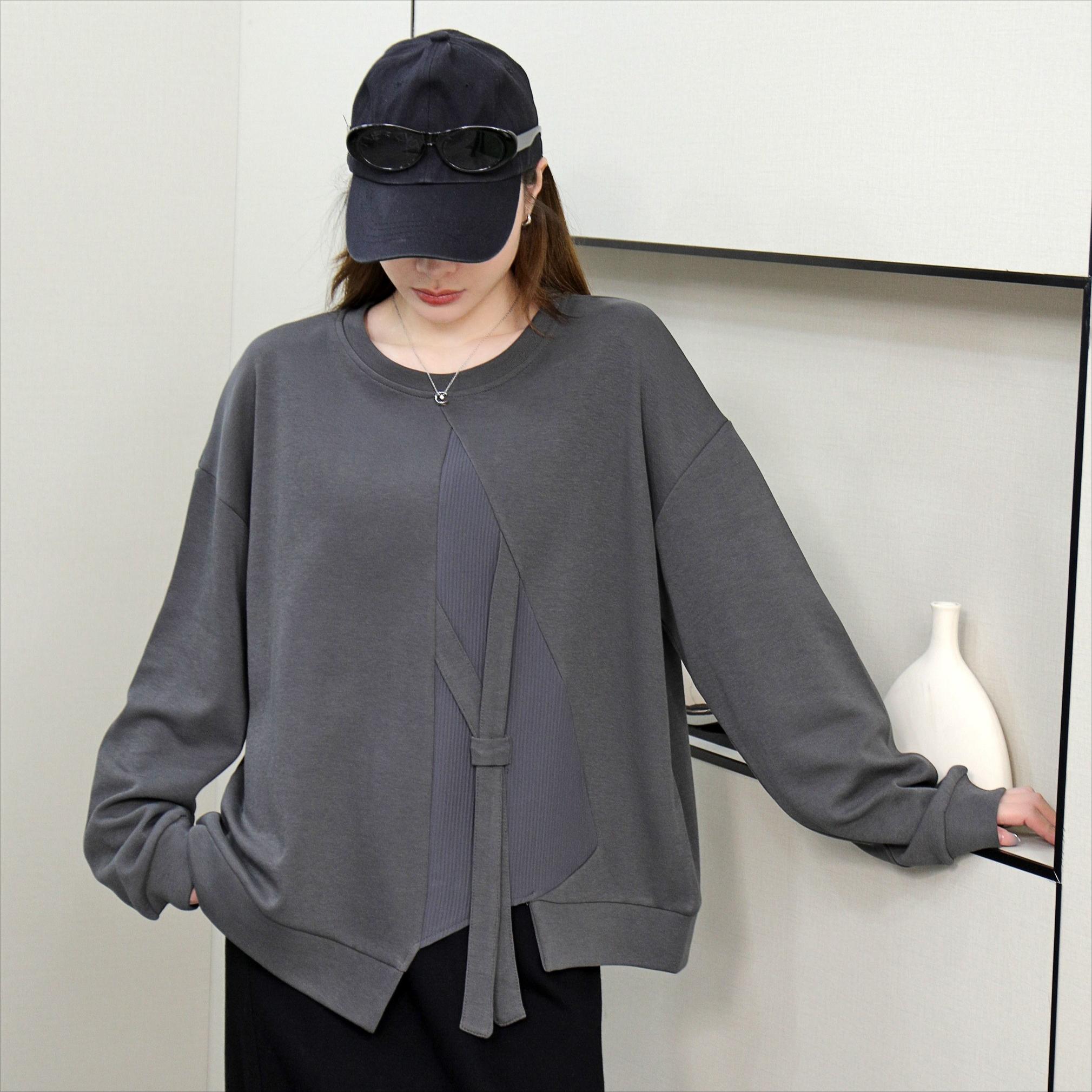 

DIMANAF 2025 Весенний пуловер Осенняя футболка Женская однотонная асимметричная с длинным рукавом Свободная белая черная One Size серый