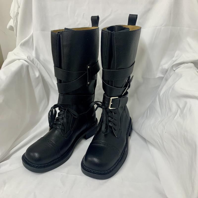 Cowhide niche leather retro mid-range western boots women's thick heel handsome locomotive boots Martin boots thin knight boots