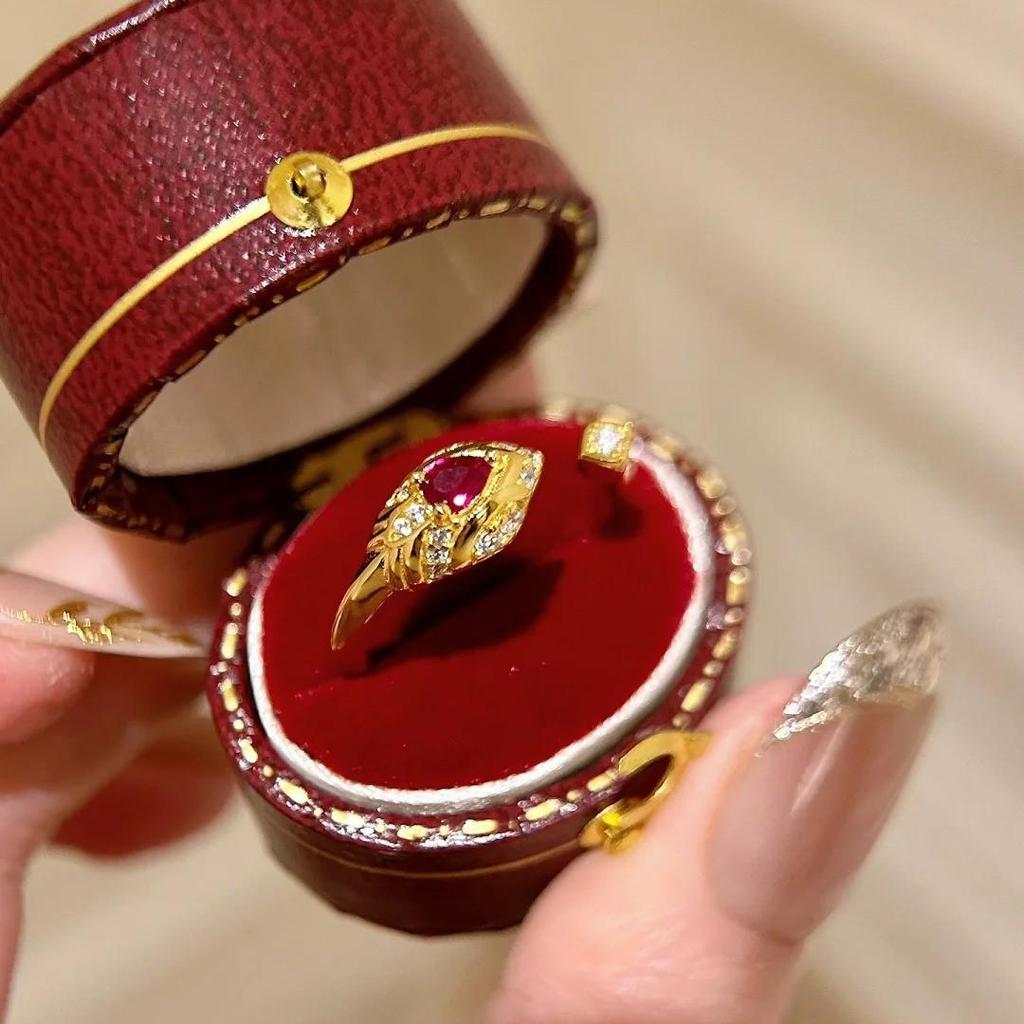 French Vintage Ruby Snake Ring: Luxurious, Adjustable Open Band for Women