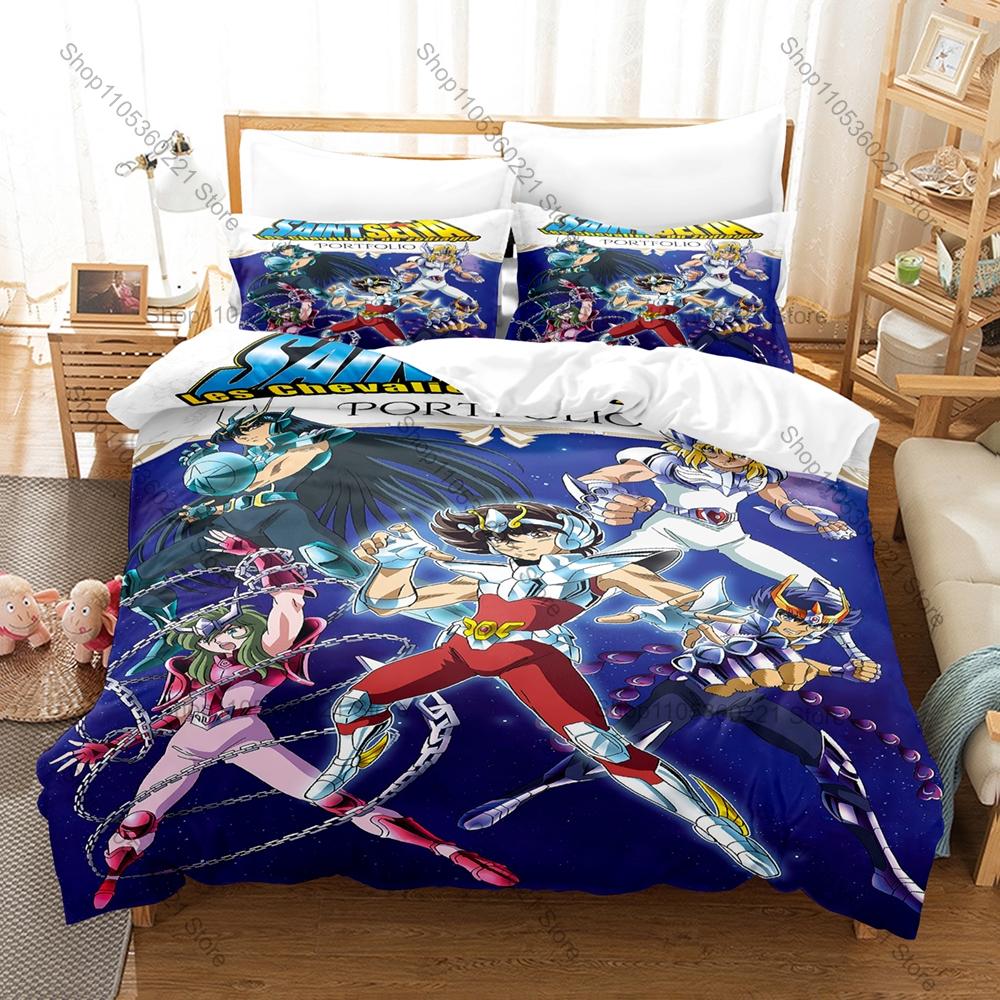 Saint Seiya 3PCS Bedding Set Classic Anime Warrior Print Soft Microfiber Duvet Cover Pillowcase Home Decor