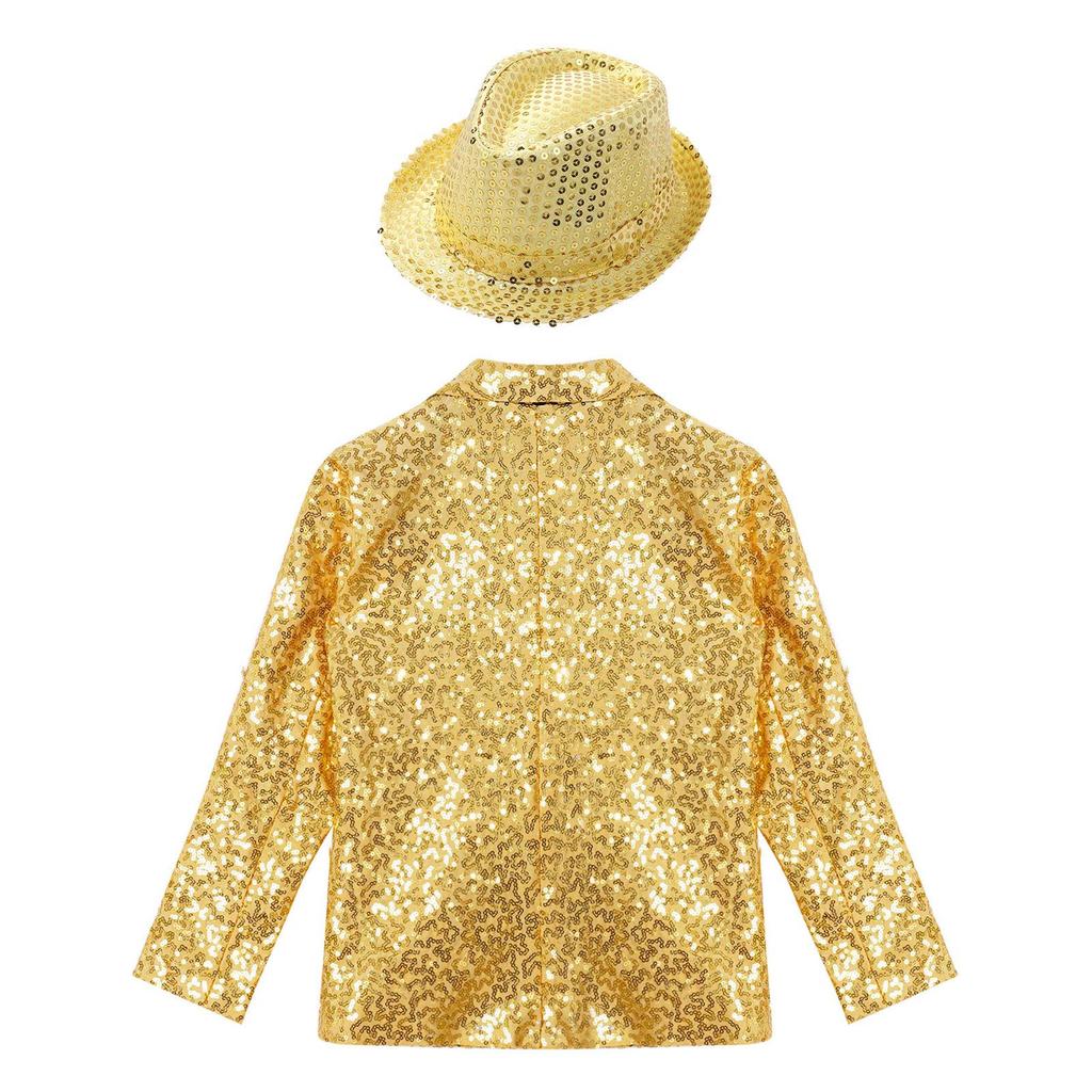 Boys Stage Performance Jacket Set: Sequin Tuxedo Long Sleeve Coat with Fedora Hat, Lapel Design for Banquet Party Dance