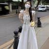 Coffee Break French Square Neck Strap Xiaofei Sleeve White Dress Women's Summer Design Sense Waist Skinny Sleeveless Long Skirt