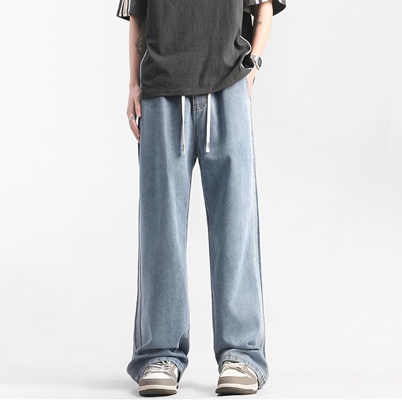 [Maioulers] wide denim denim pants jeans baggy pants jeans wide string adjustment big size Relaxing casual Pants (blue, 2XL)