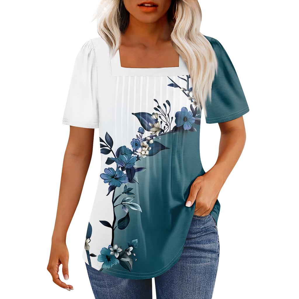 Tricouri pentru femei, plisate, cu guler pătrat, elegante, casual, bluze, imprimare, mânecă scurtă, vară, topuri, croială lejeră