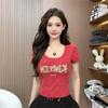 Fashion Elegant Slim Trend Summer U-neck Printed High-waist Short-sleeved T-shirt Women's Top Versatile Spicy Girl