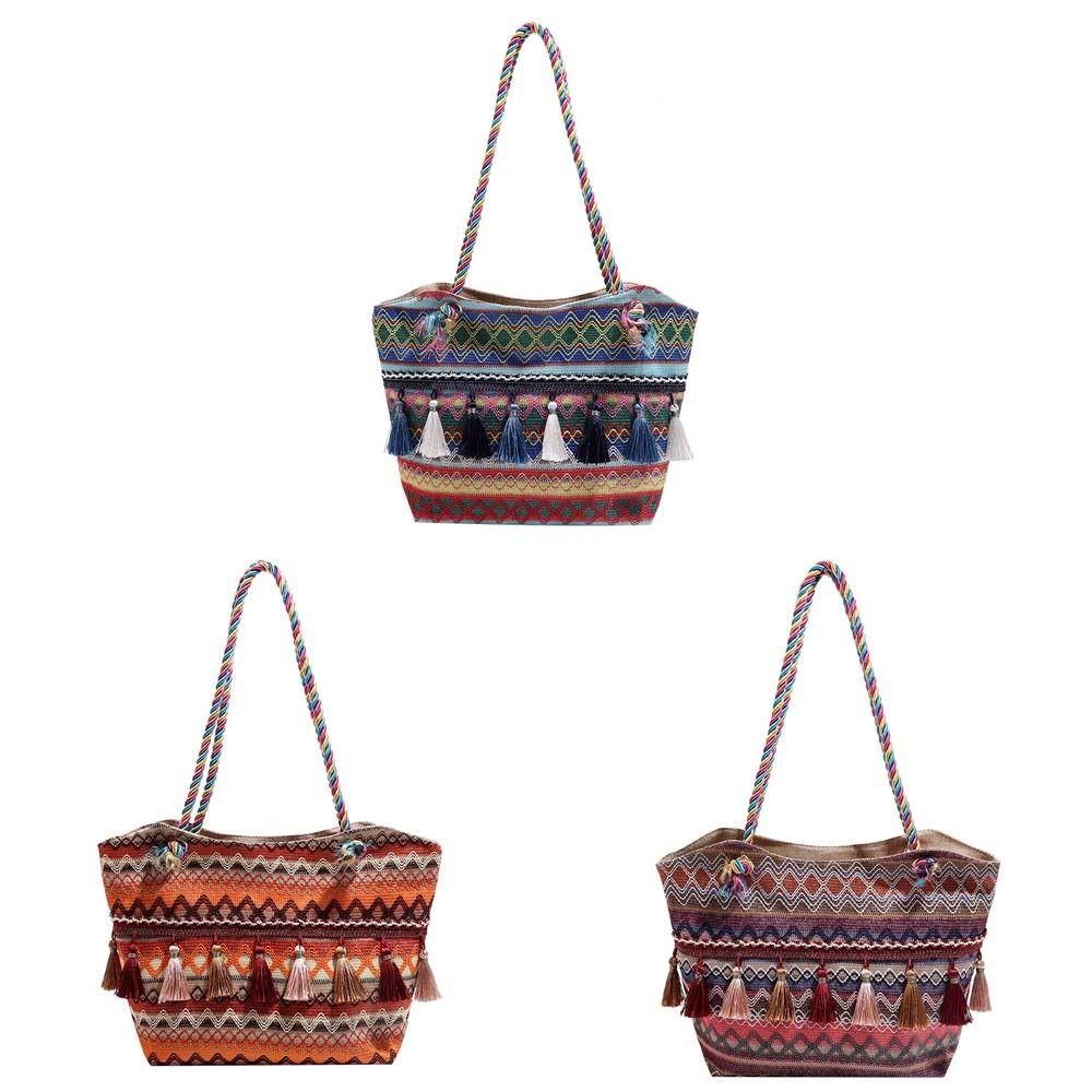 Tassel Ethnic Style Shoulder Bag Stripe Canvas Colorful Handbag Embroidery Tote Bag Outdoor