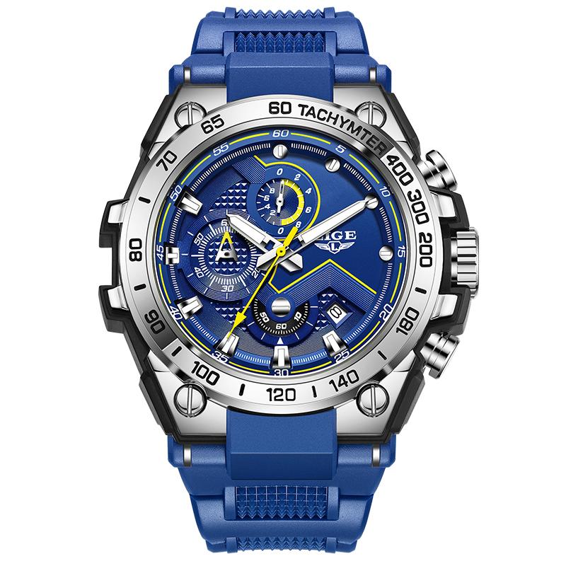

Мужские часы LIGE Многофункциональный циферблат-субциферблат Силиконовый ремешок Мужские кварцевые часы серебряный/синий