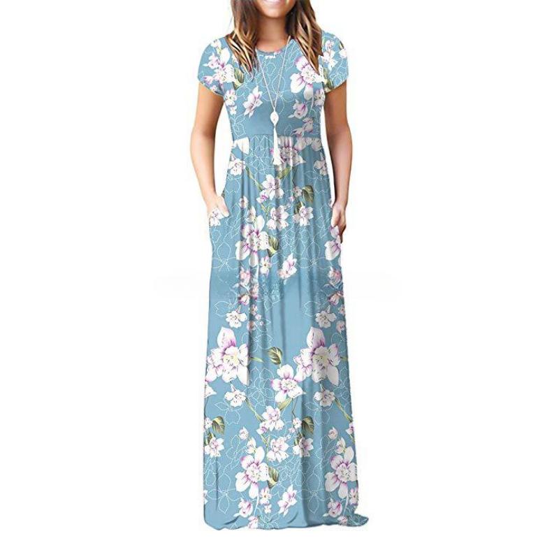 Women's Fashion Summer Spring Flower Pattern Print Short Sleeve O-Neck Casual Dresses
