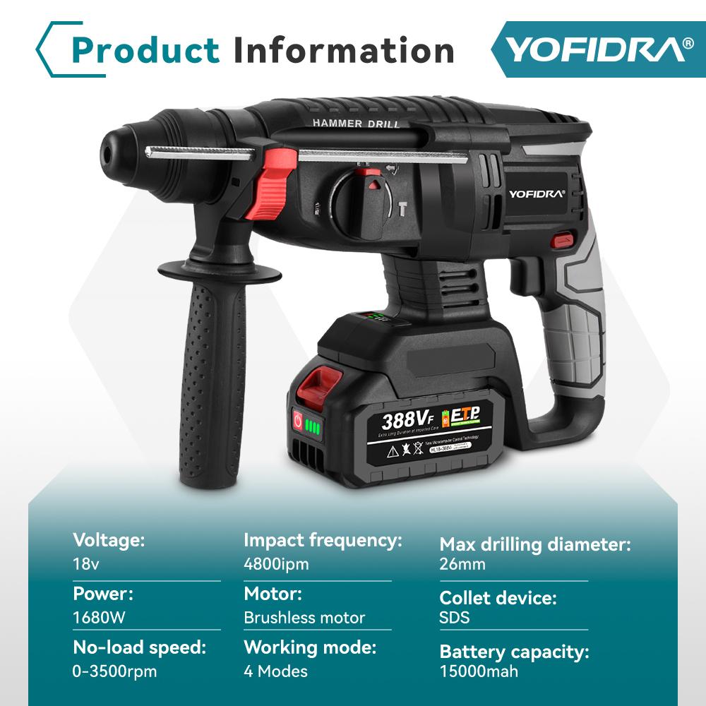 Yofidra 26MM Brushless Electric Hammer Electric Pick Impact Drill Multi-function Cordless Rotary Tool Fit For Makita 18V Battery Pin