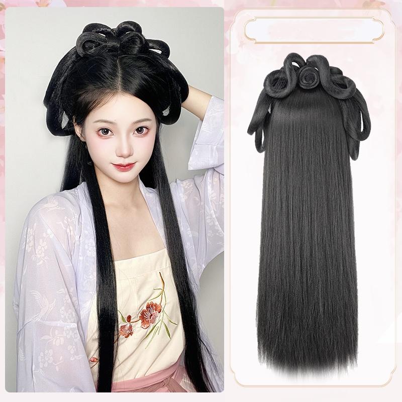 

Синтетическая повязка на голову в древнем стиле ханьфу, интегрированная повязка на голову, парик для женщин в китайском стиле, накладка для волос, античное моделирование, косплей 1 PCS