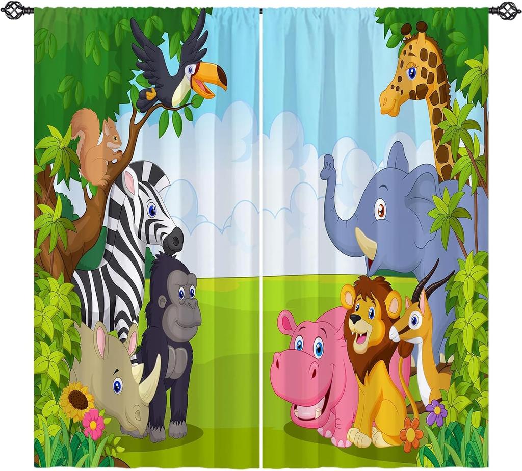 Rod Pocket Kids Animal Jungle Safari Wildlife Elephant Giraffe Lion Print Pattern Privacy Fabric Window Drapes For Boys Bedroom