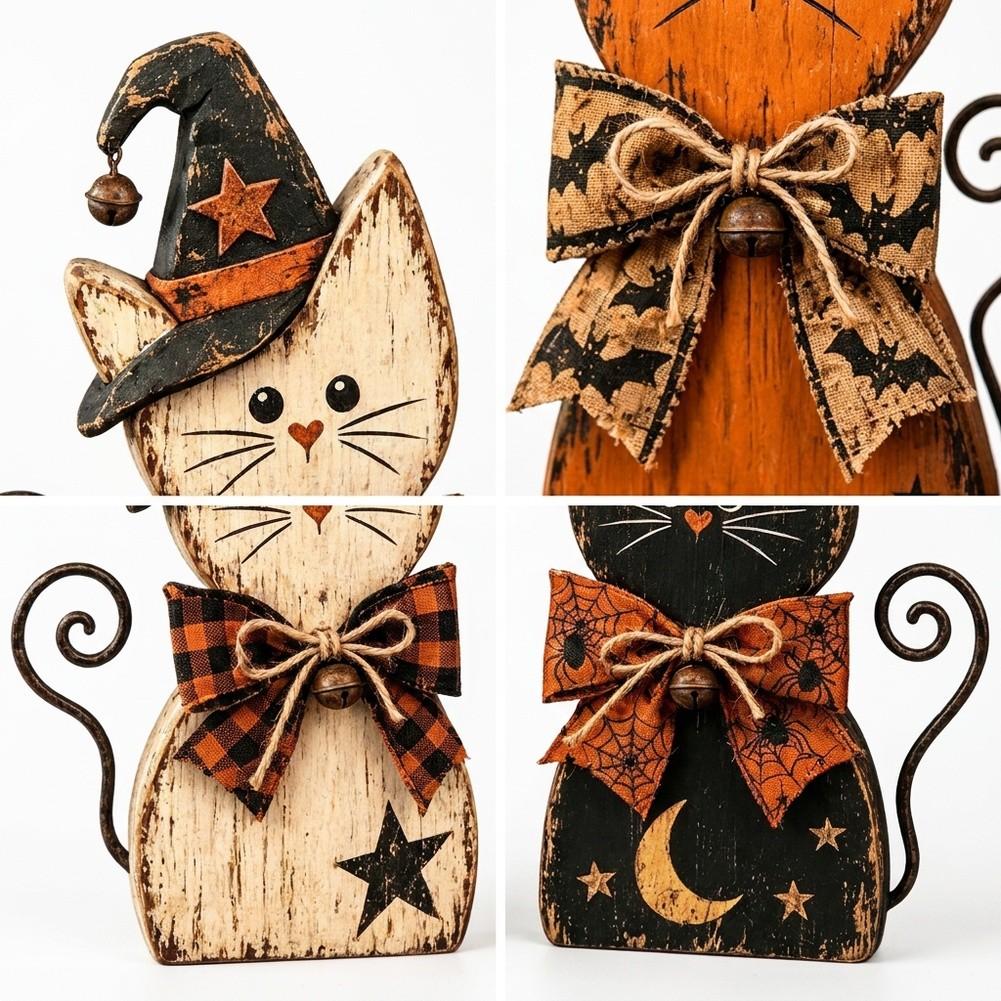 Rustic Gothic Halloween Decor Set with Witch Cat and Moon Figurines for Autumn Tabletop Mantel Display Wooden Craft