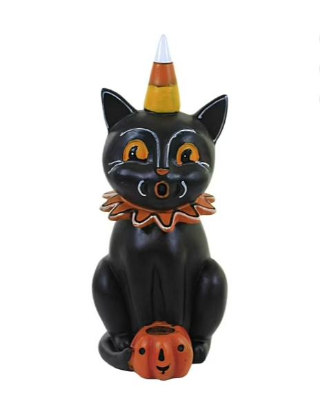 Halloween Cat Figurine Sitting with Pumpkin and Candy Corn Hat Decorative Resin Statue for Seasonal Tabletop Display and Home Decor