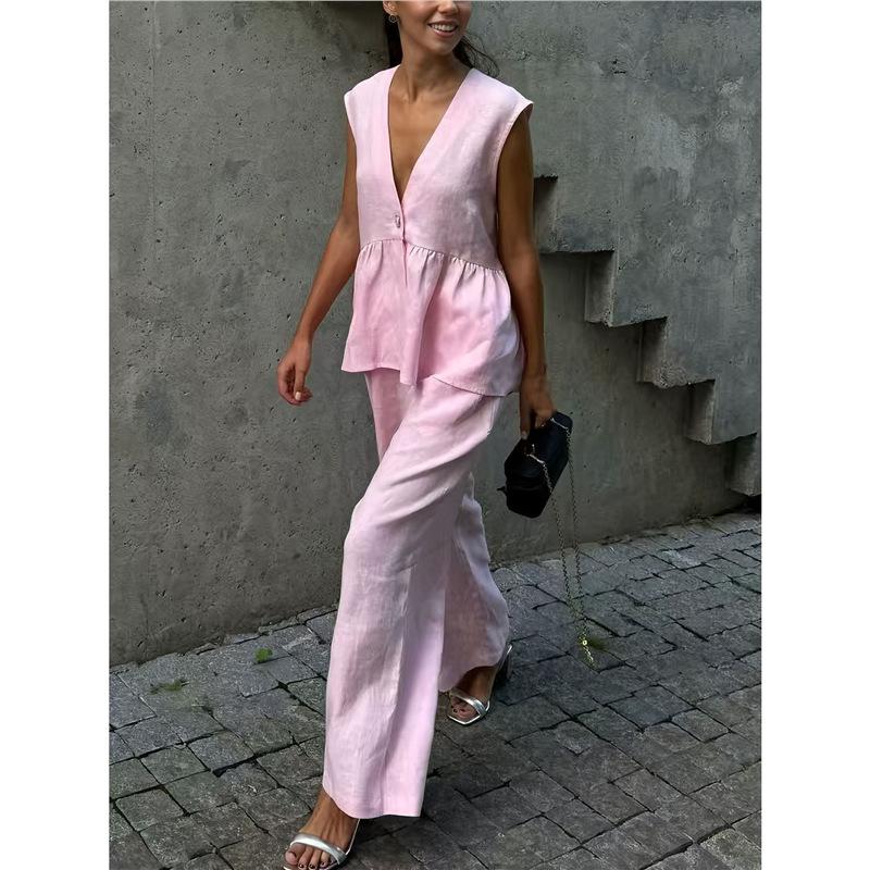 2025 summer suit women s two-piece set European and American new women s clothing v-neck button sleeveless top vest trousers set S