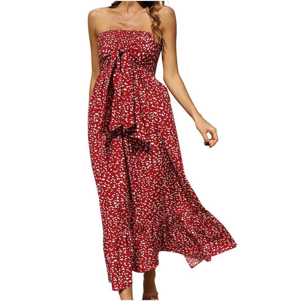 Women's Fashion Bohemian Floral Off-The-Shoulder Strapless Pleat Top Holloway Beach Holiday Dress