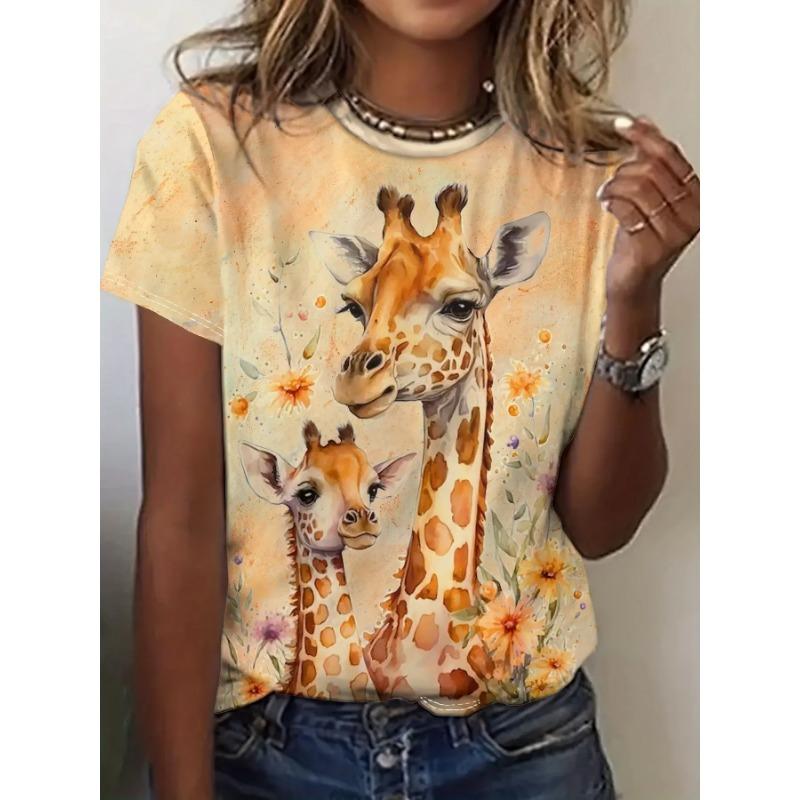 Summer Round Neck 3D Funny Cartoon Animal Print Top Fashionable Casual Short Sleeved Women's T-shirts