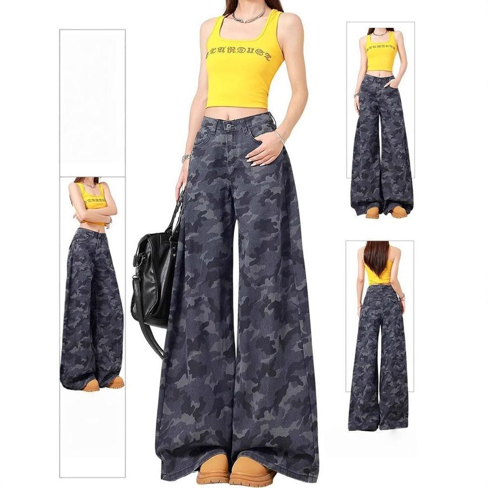 Comfortable Work Trousers Women's Models Camouflage Jeans Women's Loose High-waisted Small People Straight Draped Wide-leg Trousers Long Denim Pants