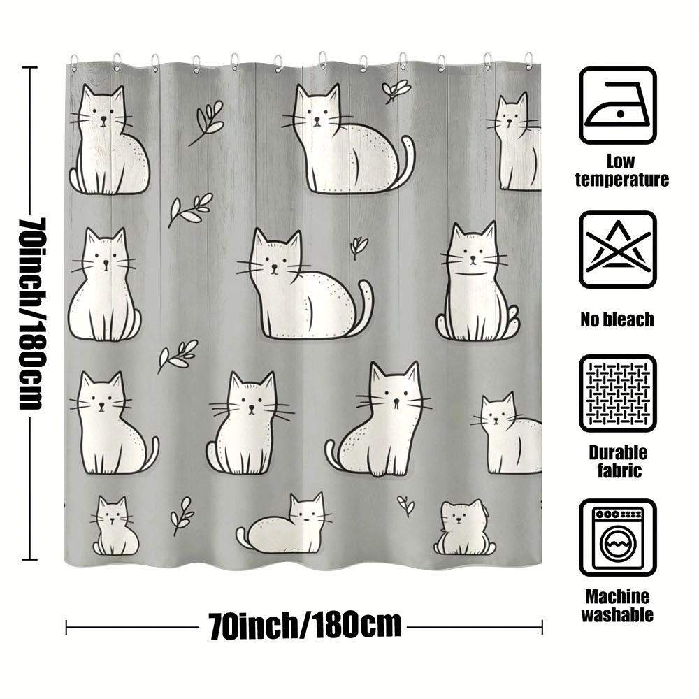Cute White Cat Pattern Shower Curtain Waterproof Easy To Clean Privacy Protection Print Kawaii Pet Art Design Minimalist 12Hooks