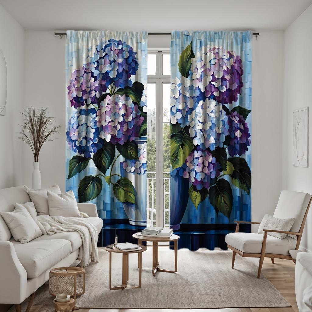2pcs HD Decorative Curtain Blue Purple Hydrangea Blue Tie Digital Printed Curtain Home Decor Style Decorate Living Room Bedro