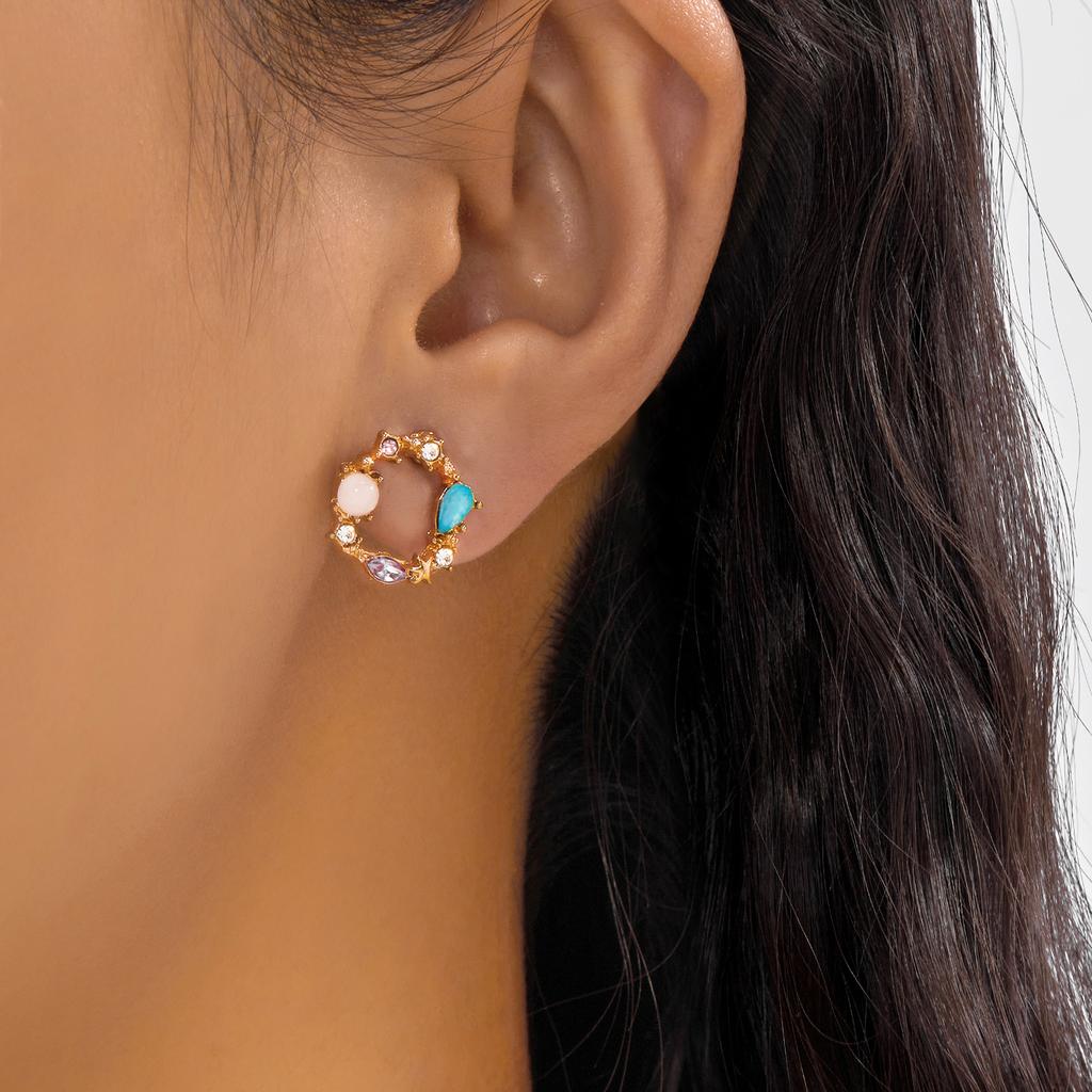 Korean Sweet Colorful Rhinestone Wreath Stud Earrings for Women Flower Crystal Round Earring Party Birthday Jewelry Brincos Gift