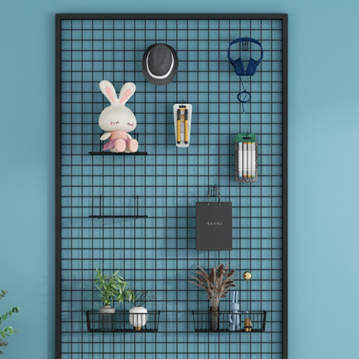 Кованый железный сетчатый настенный стеллаж для украшений White Frame 100x30 with 10 Hooks