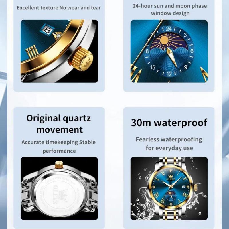 OLEVS Waterproof Luminous Date Moon Phase Business Watch Men's Wacthes Trend Fashion Original Quartz Wristwatch