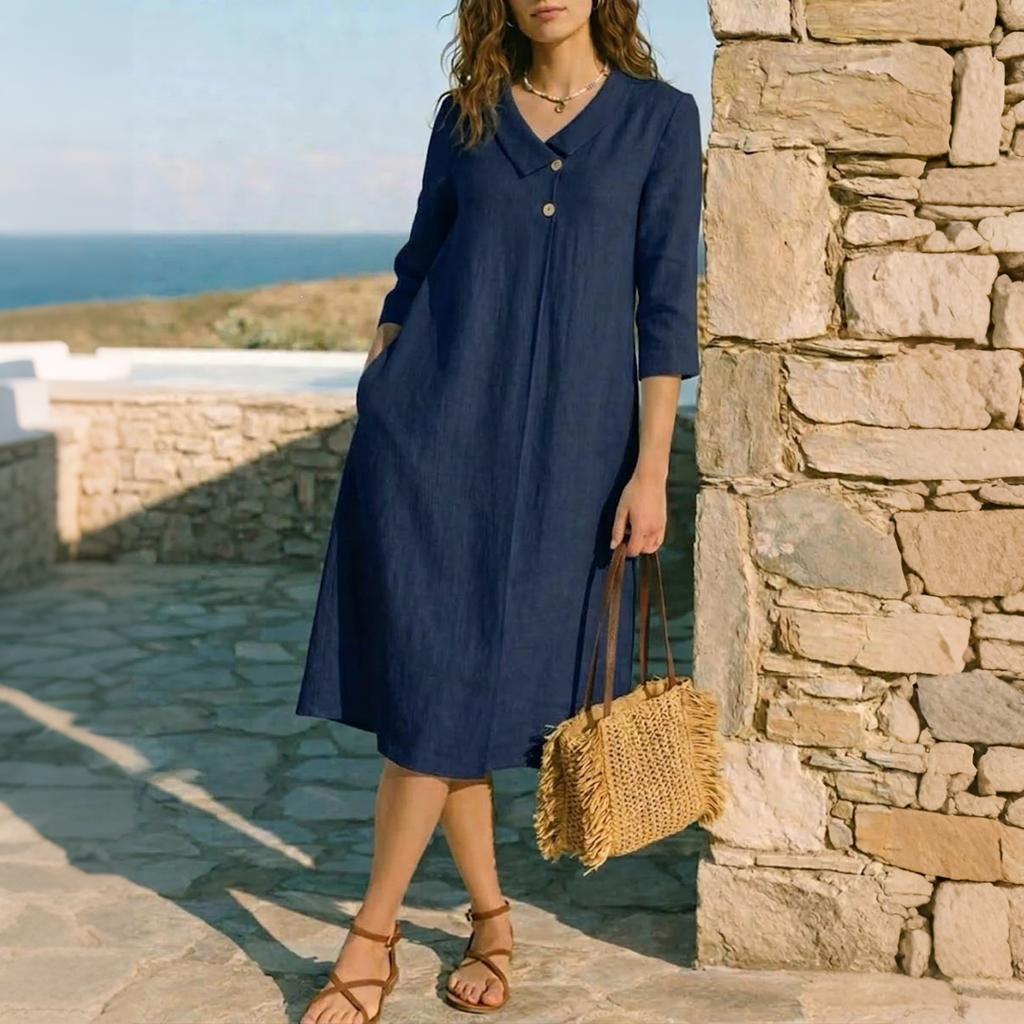Women Style Lapel Collar Midi Dress Linen Three Quarter Sleeve A Line Vacation Dress with Pockets