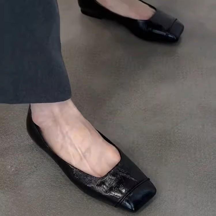 Sheepskin version~ black retro thin leather comfortable commuting flat shoes women's minimalist square head one pedal small single shoes