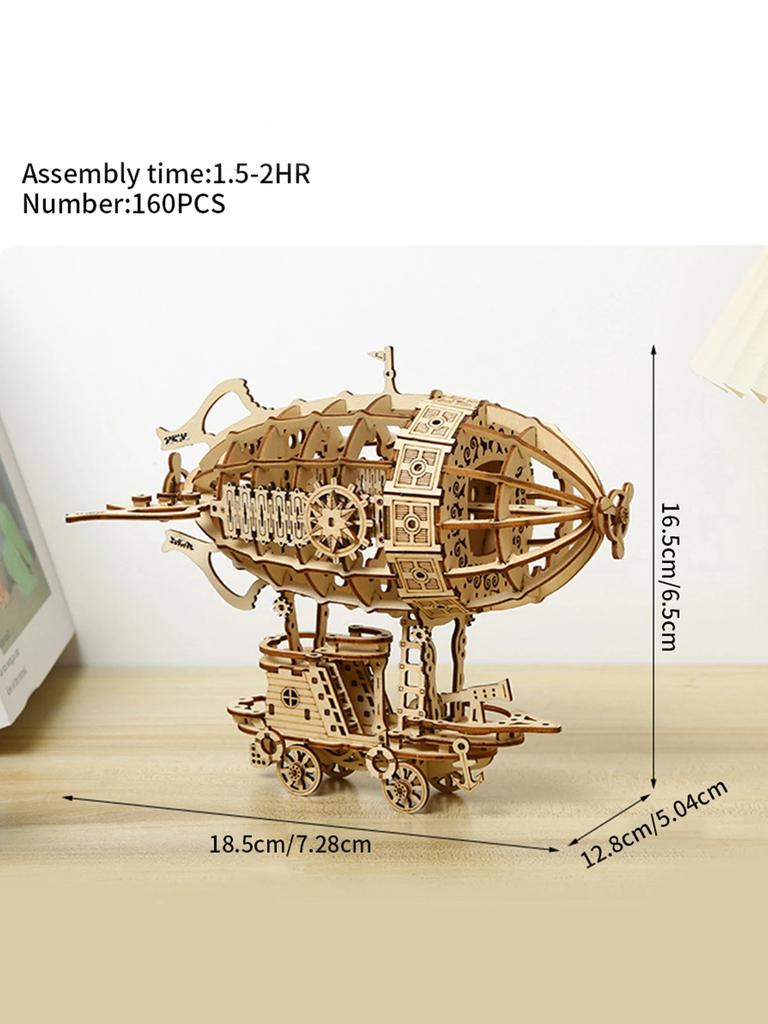 Diy Wooden 3D Puzzle Assembly Airship Mechanical Model Decompression Toy 3D Stereo Model Handmade Desktop Ornament Steam Toy