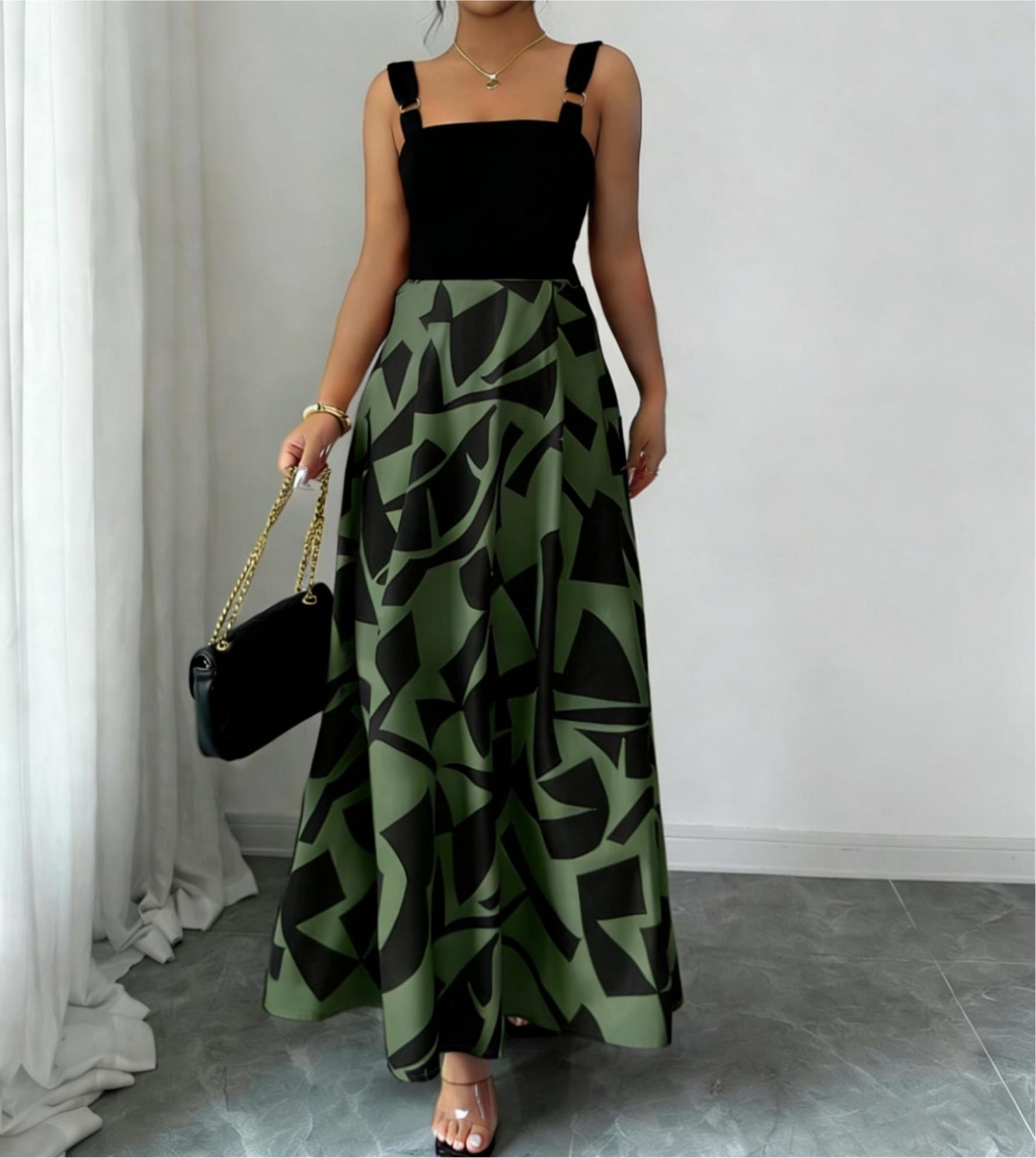 European and American summer contrasting colors new fashion suspender printed dress women s clothing S