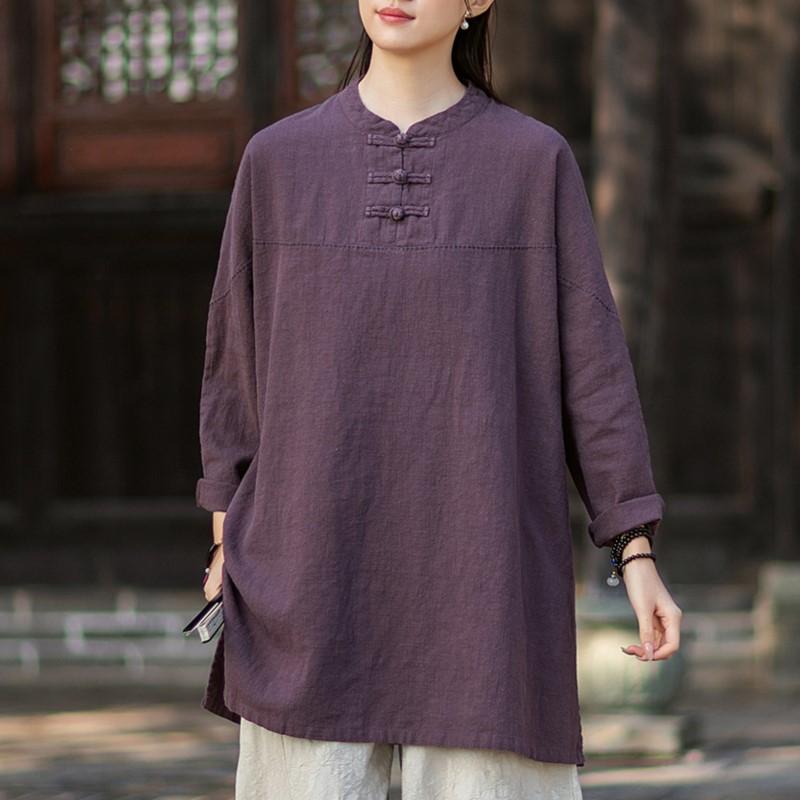 

Johnature Women Vintage Shirts Tops Spring Chinese Style Solid Color Stand Long Sleeve Blouses One Size фиолетовый