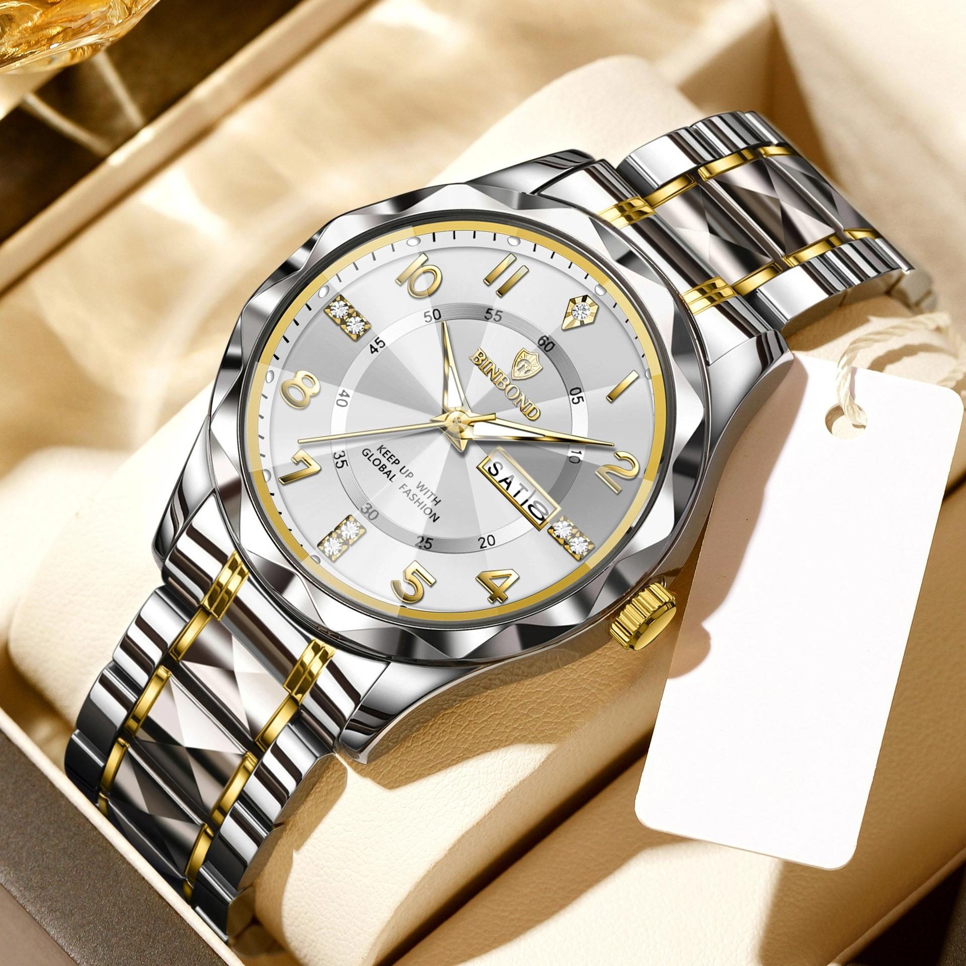 

BINBOND Men s Watch 30M Waterproof Calendar Date Function Rhinestone Stainless Steel Watchband Male Quartz Watch Gifts золотой/белый