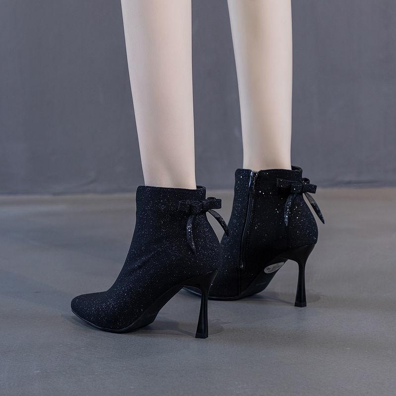 Women's Heeled Ankle Boots with Bow Back Detail,New Stiletto Martin Boots Pointed Toe Slimming Boots