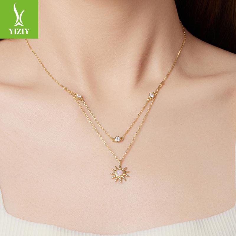 S925 Silver-Plated Gold Opal Sun Double-Layer Necklace, Personal Cold Wind Double-Layer Collarbone Chain