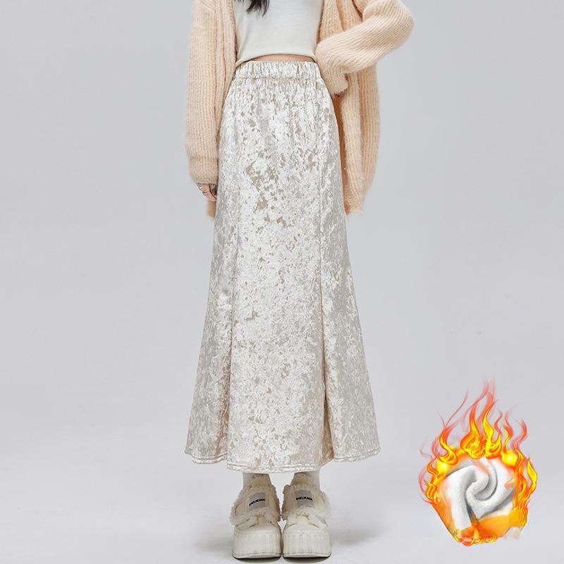 Золотая бархатная плюшевая утолщенная юбка с высокой талией для женщин — фото 8