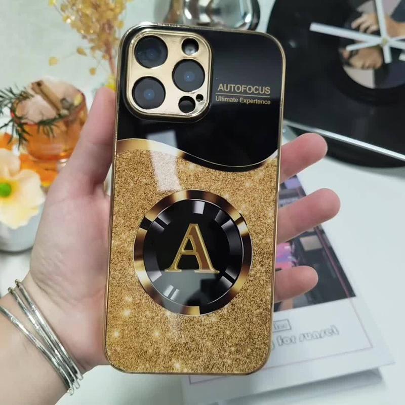 Shining Letter A Pattern Gold Metallic Paint Glass Phone Case For iPhone 11 12 13 14 15 16 17 Pro Max Plus 17 Air 16E Cover