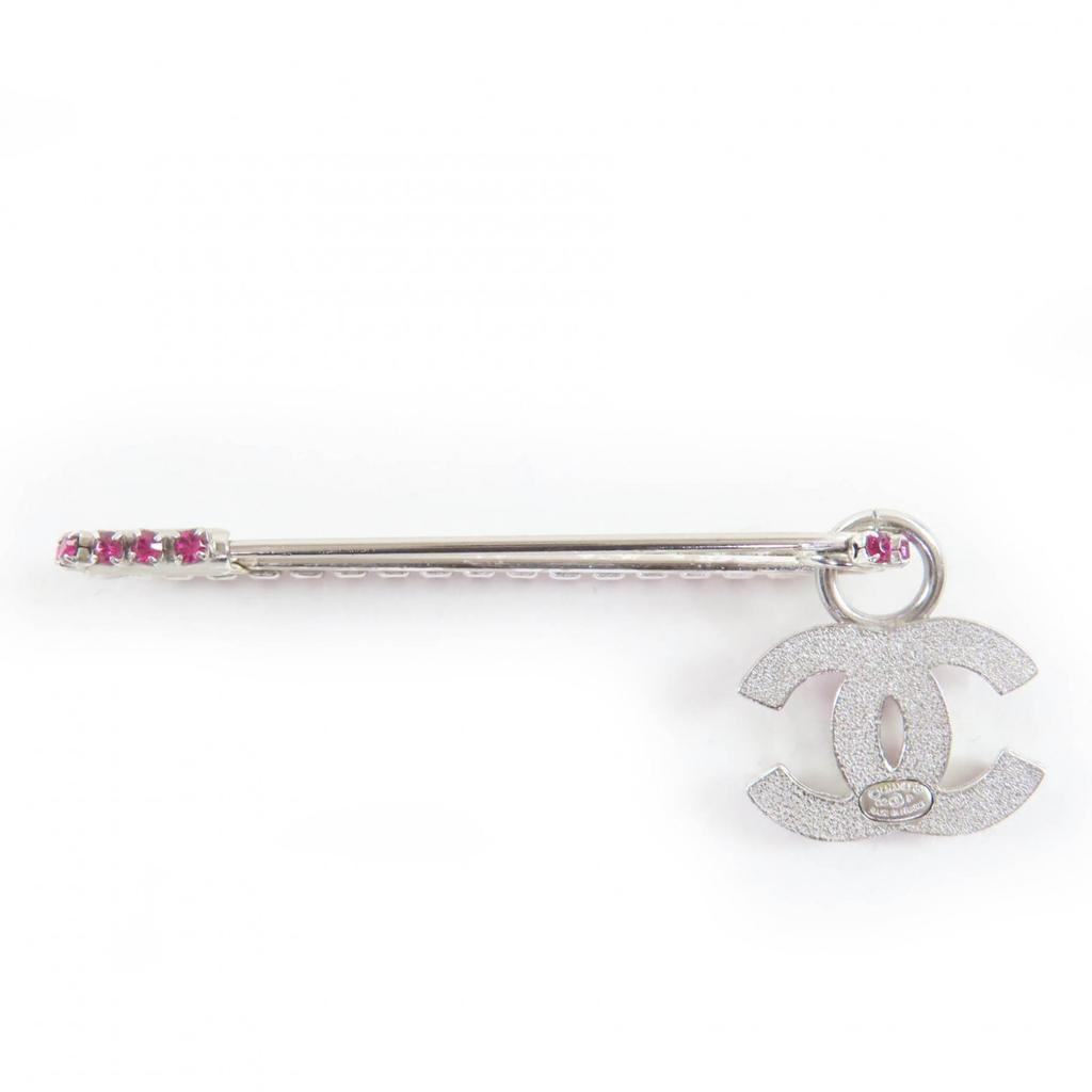 Great CHANEL Brooch COCO Mark Safety Pin Pink Silver Metal Women 02P Used