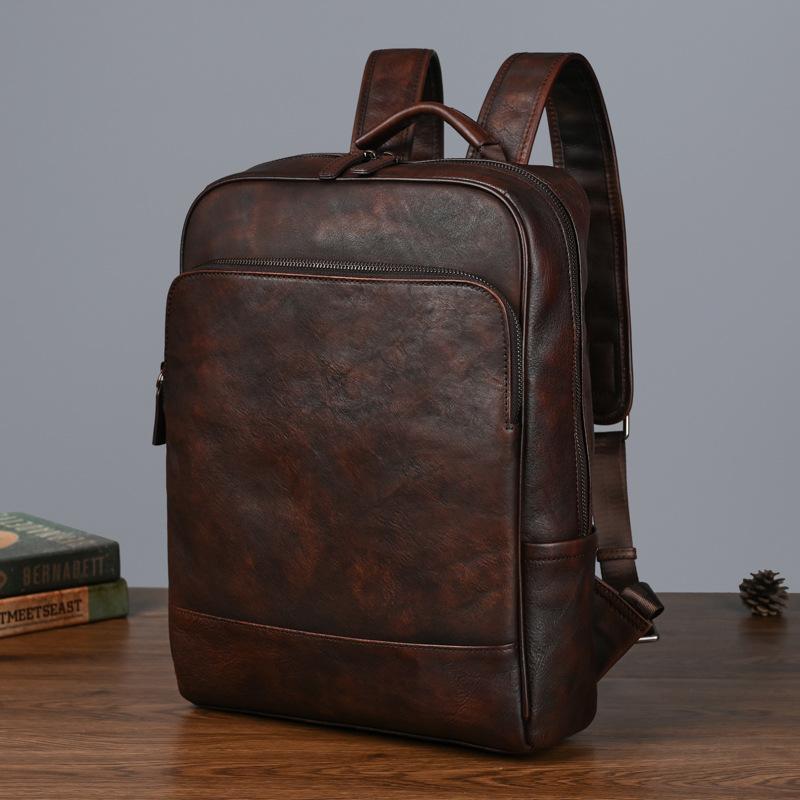 Obermaterial Rindsleder, Pflanzlich gegerbtes Rindsleder, Lässiger Herren-Rucksack, Lässiger Rucksack, Computer-Rucksack