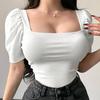 2025 New Arrival Pure Desire Style Square Collar Puff Sleeve Shirt Women's Short Summer Sexy Knitting Patchwork Set Tops