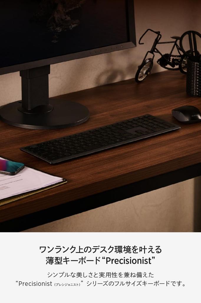 ELECOM Precisionist Wireless Thin Pantograph Full Keyboard, Bluetooth, 2.4GHz, Multi-Pairing (4 Devices), Rechargeable, Type, Size, Black,